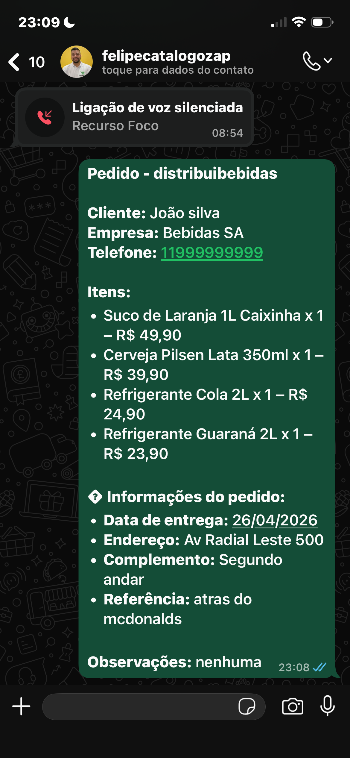 Pedido no WhatsApp